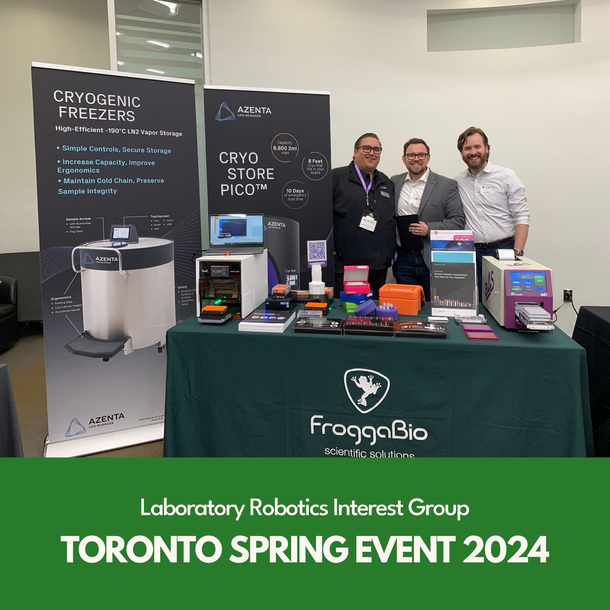 FroggaBio's tweet photo. All set up for the @LRIG_ORG Canada Spring Event 2024 at the BMO Education & Conference Centre! Drop by the FroggaBio/@AzentaSciences booth and meet Landon, James, & Larry to learn all about how we can bring the latest in laboratory automation to you! 🐸
#LRIG #LRIGCanada2024 https://t.co/5DWQ8dsP9j