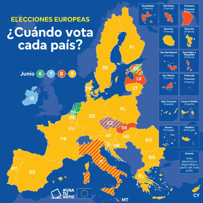 Europarl_ES's tweet photo. Las elecciones europeas se celebrarán en España el 9 de junio de 2024. 

La edad mínima para votar es de 18 años. 

Pueden votar en ellas los ciudadanos españoles residentes en España o en el extranjero, así como los ciudadanos de otros países de la UE residentes en España.