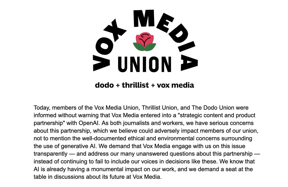 A statement from the Vox Media Union, @thrillistunion and @thedodounion on the partnership between Vox Media and OpenAI.