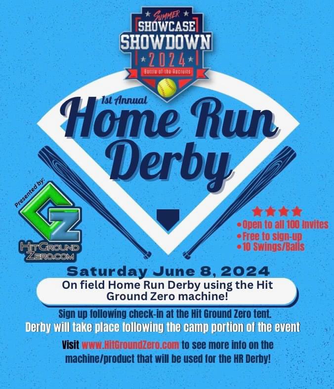 Excited about the @hitgroundzero Homerun Derby happening at the #2024Showdown ?

Come early and get some swings in from 8am-9:30 before the camp portion and increase your odds of winning the competition!