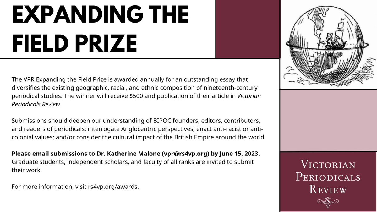 VPR (@vpreditors) on Twitter photo CFP: VPR's Expanding the Field Prize for an essay that diversifies the existing geographic, racial, and ethnic composition of 19th-c periodical studies. Winner receives $500 and publication in VPR. Deadline June 15. rs4vp.org/awards <a href="/RS4VP/">Research Society for Victorian Periodicals (RSVP)</a> <a href="/navsa/">NAVSA</a> <a href="/BAVS_UK/">BAVS</a> CFP: VPR's Expanding the Field Prize for an essay that diversifies the existing geographic, racial, and ethnic composition of 19th-c periodical studies. Winner receives $500 and publication in VPR. Deadline June 15. rs4vp.org/awards <a href="/RS4VP/">Research Society for Victorian Periodicals (RSVP)</a> <a href="/navsa/">NAVSA</a> <a href="/BAVS_UK/">BAVS</a>