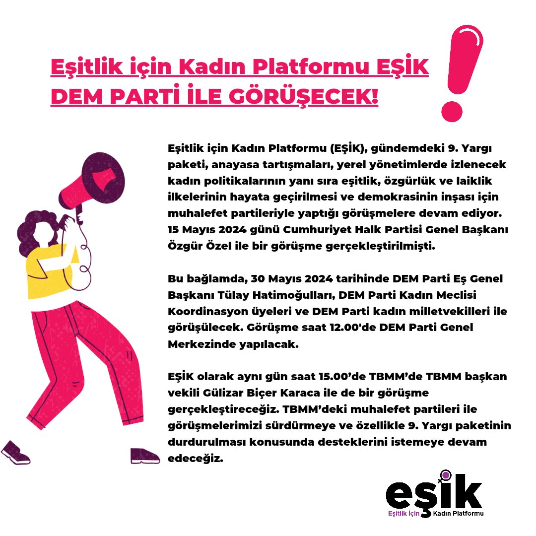 📢 EŞİK DEM PARTİ İLE GÖRÜŞECEK❗ #EşitlikİçinKadınPlatformu #EŞİK gündemdeki 9.Yargı paketi anayasa tartışmaları, yerel yönetimlerde izlenecek #kadın politikalarının yanı sıra #eşitlik, #özgürlük ve #laiklik ilkelerinin hayata geçirilmesi ve demokrasinin inşası için muhalefet