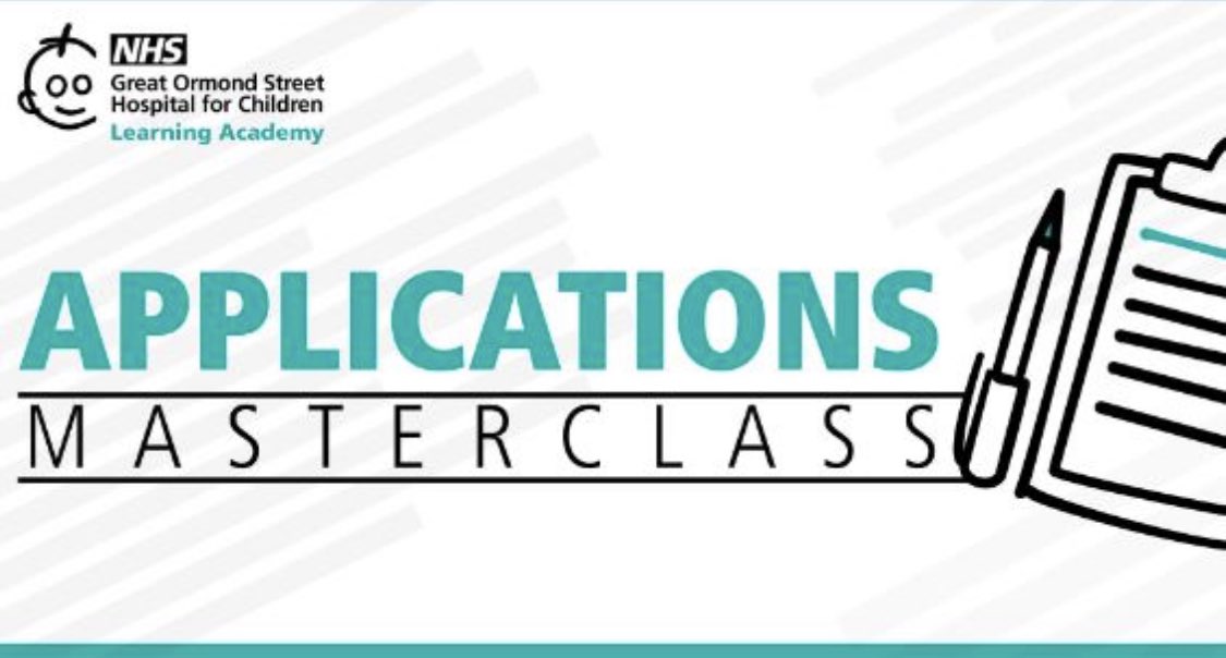 Are you working in the NHS looking to progress in your career but not getting much success? Applications Masterclass is a one day course to help develop your application writing, interview techniques and more, sign up today - courses.gosh.org/event/AM_June2…