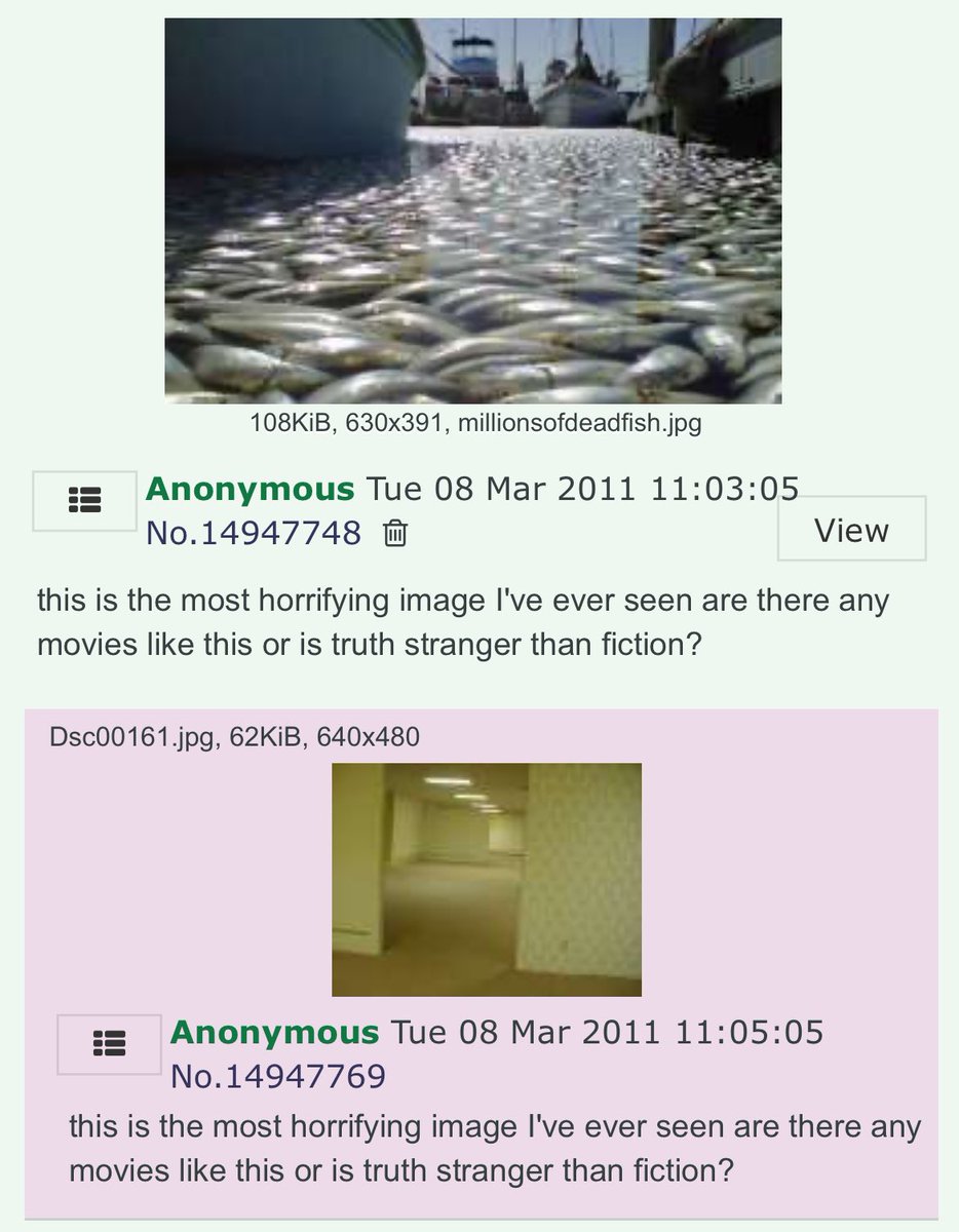 Huge discovery in the Backrooms image search; this is now the earliest appearance of the image online from an archived 4chan thread from *2011* !!