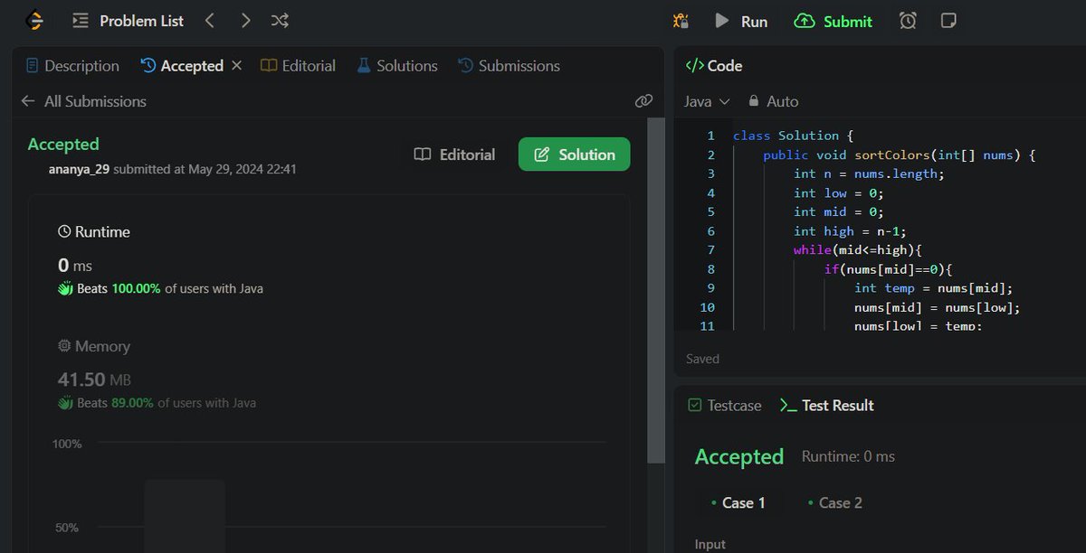 AnanyaG04196510's tweet image. Day 48 of #100DaysOfCode
🧠DSA:
 1. Sort an array of 0&apos;s, 1&apos;s and 2&apos;s.
#LearnInPublic