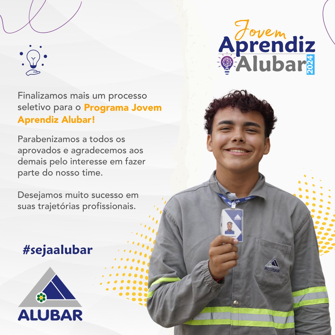Chegamos ao final do processo seletivo do programa Jovem Aprendiz Alubar 2024!

Agradecemos a todos os jovens que dedicaram seu tempo e se empenharam com o interesse de se juntar ao nosso time.

#GrupoAlubar #Alubar #SejaAlubar #AlubarMetaiseCabos #JovemAprendiz