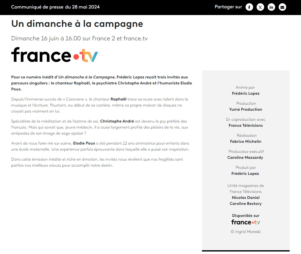 Dimanche 16 Juin 2024 à 16h00 sur @France2tv : 'INÉDIT - #UnDimancheALaCampagne (#UDALC) : Raphaël, Christophe André & Élodie Poux' !