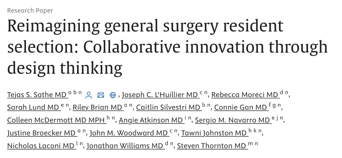Tejas Sathe (@tssathe) on Twitter photo New in <a href="/SurgeryOpen/">Surgery Open Science</a>, our #surged paper:
Reimagining general surgery resident selection: Collaborative innovation through design thinking
doi.org/10.1016/j.sope…
The resident selection process is complex, opaque, and susceptible to bias. Due to this complexity and the many New in <a href="/SurgeryOpen/">Surgery Open Science</a>, our #surged paper:
Reimagining general surgery resident selection: Collaborative innovation through design thinking
doi.org/10.1016/j.sope…
The resident selection process is complex, opaque, and susceptible to bias. Due to this complexity and the many