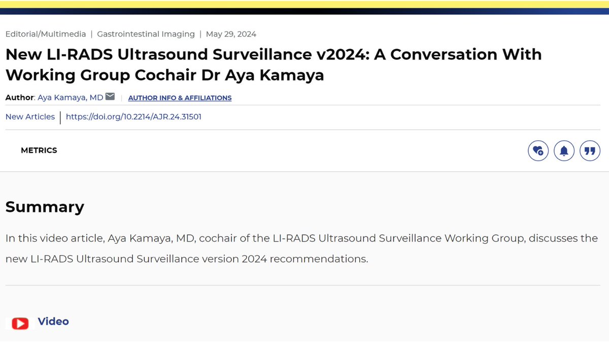 Andrew Rosenkrantz (@arosenkrantzmd) on Twitter photo New <a href="/AJR_Radiology/">AJR</a>:
"New LI-RADS Ultrasound Surveillance v2024: A Conversation With Working Group Cochair Dr Aya Kamaya"
By Dr <a href="/ayakamaya/">Aya Kamaya, MD</a> <a href="/StanfordRad/">Stanford Radiology</a>
ajronline.org/doi/10.2214/AJ… New <a href="/AJR_Radiology/">AJR</a>:
"New LI-RADS Ultrasound Surveillance v2024: A Conversation With Working Group Cochair Dr Aya Kamaya"
By Dr <a href="/ayakamaya/">Aya Kamaya, MD</a> <a href="/StanfordRad/">Stanford Radiology</a>
ajronline.org/doi/10.2214/AJ…
