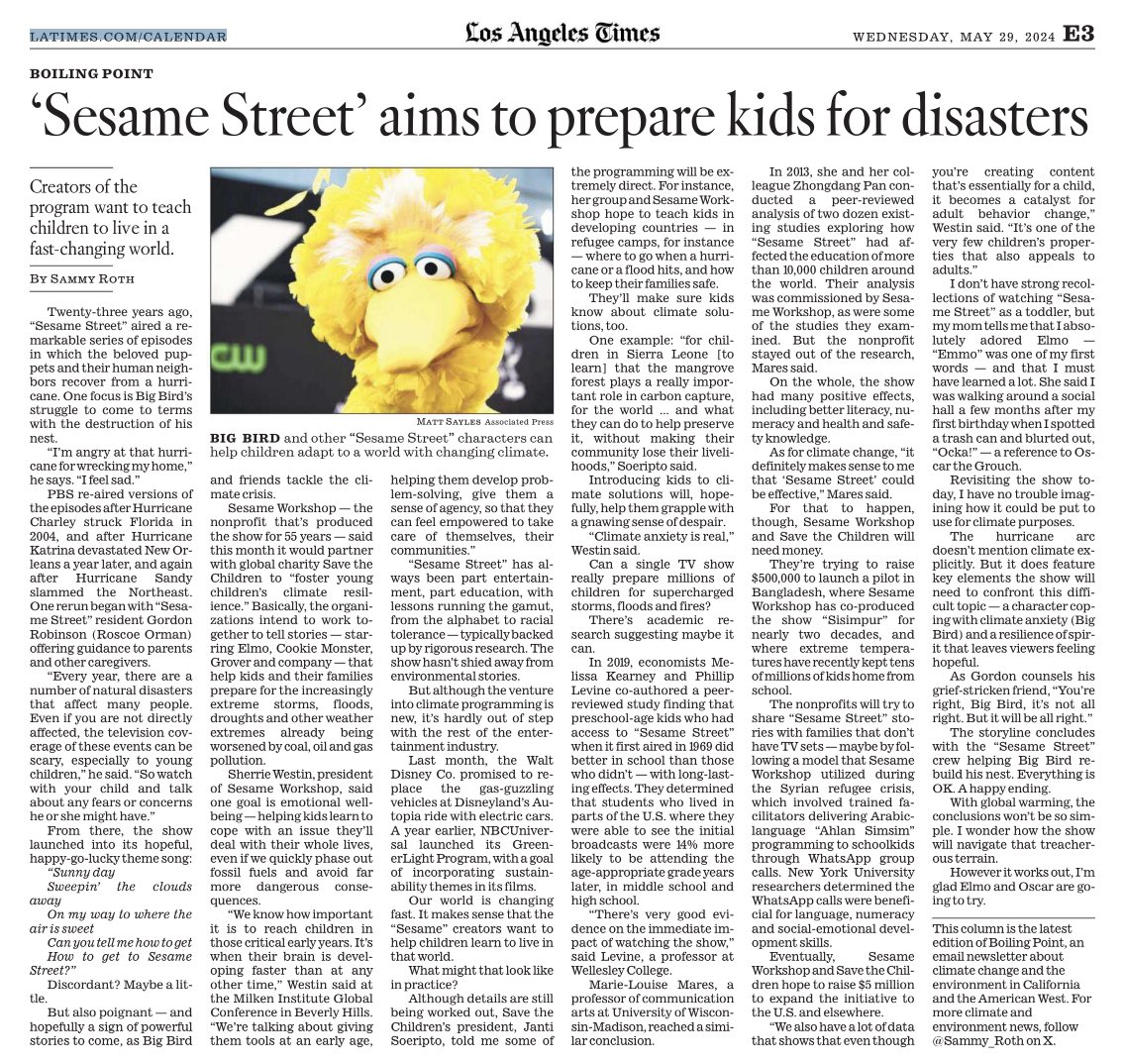 “Sunny day Sweepin’ the clouds away On my way to where the air is sweet…” In today’s @latimes: My column on @sesamestreet’s new initiative to teach kids and caregivers about climate change, and how they can protect themselves — starting in Bangladesh: latimes.com/environment/ne…