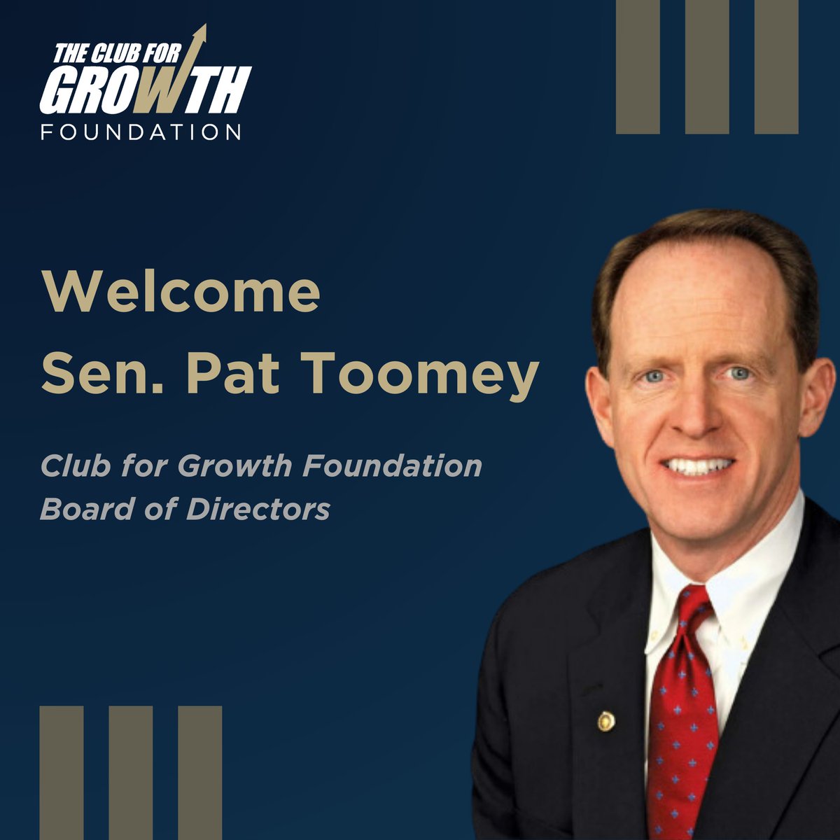 CFGfoundation's tweet image. 🚨BREAKING - The @CFGFoundation announces former Sen. Pat Toomey has joined its Board of Directors. As a former President of the Club for Growth, Sen. Toomey has been a lifelong advocate for free markets &amp;amp; individual liberties. Welcome, @SenToomey! 

cfg.news/WelcomeToomey