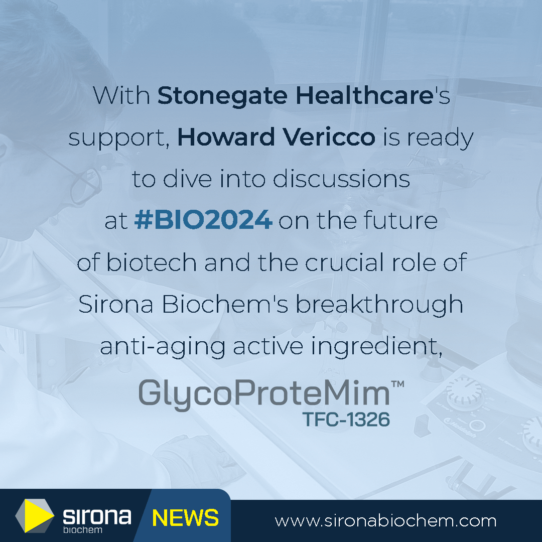 SironaBiochem's tweet photo. With Stonegate Healthcare's support, Howard Vericco is ready to dive into discussions at #BIO2024 on the future of biotech and the crucial role of Sirona Biochem's breakthrough anti-aging active ingredient, GlycoProtemim.  

Learn More About GlycoProtemim - https://t.co/gQDCFdlIp7

#SironaBiochem #GlycoProteMim #Stonegate #Antiaging #Biotech #Cosmetics