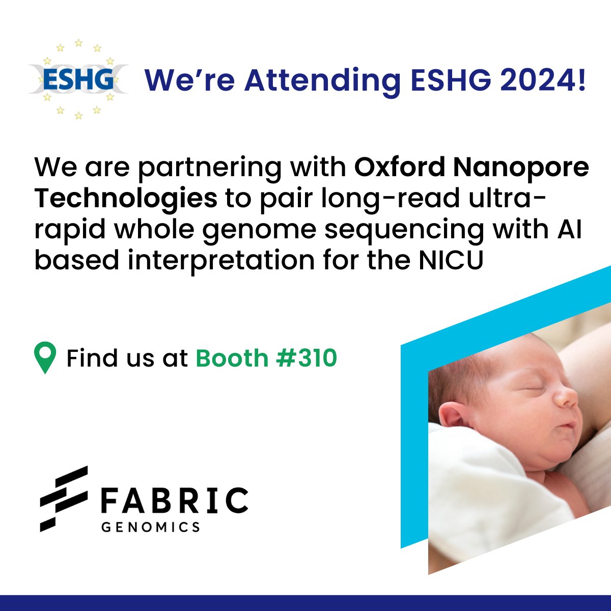 FabricGenomics's tweet image. The Fabric team will be at #ESHG2024. We're delighted to have partnered with @nanopore to pair long-read ultra-rapid whole genome sequencing with AI based interpretation for the NICU.
Find us at Oxford Nanopore's booth #310, to learn more!
