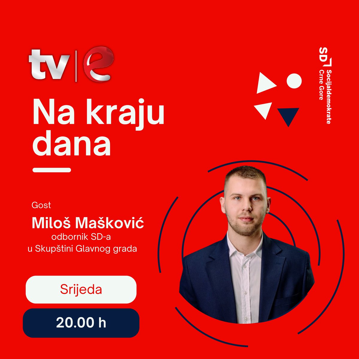 🔴Odbornik SD-a i predsjednik odborničkog kluba u Skupštini Glavnog grada @milosmaskovic, večeras će biti gost u emisiji „Na kraju dana” na @tve_montenegro. ⏰Srijeda, 29. maj u 20 sati.