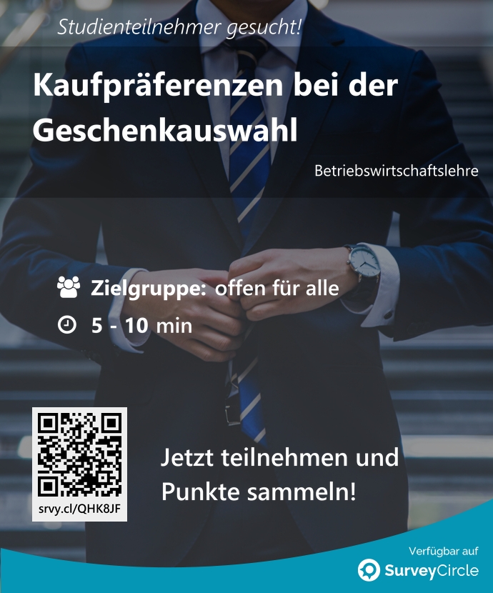 Teilnehmer gesucht für top-platzierte Online-Studie: 'Kaufpräferenzen bei der Geschenkauswahl' surveycircle.com/QHK8JF/ via @SurveyCircle #TUChemnitz #konsumentenforschung #marktforschung #freunde #geschenke #einkaufen