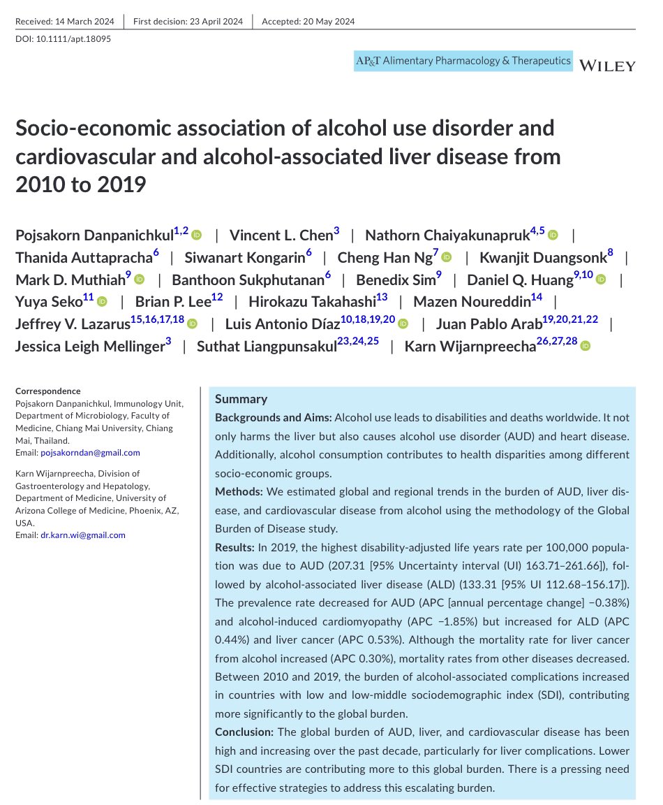 ⭐️Check out our article in @APandT Lower socioeconomic countries are increasingly contributing to the global burden of alcohol use disorders, liver, cardiac complications🍺📈 @KarnJUVE @l_suthat @juanpabloarab @NoureddinMD @LuisAntonioDiaz @JVLazarus shorturl.at/c70kc