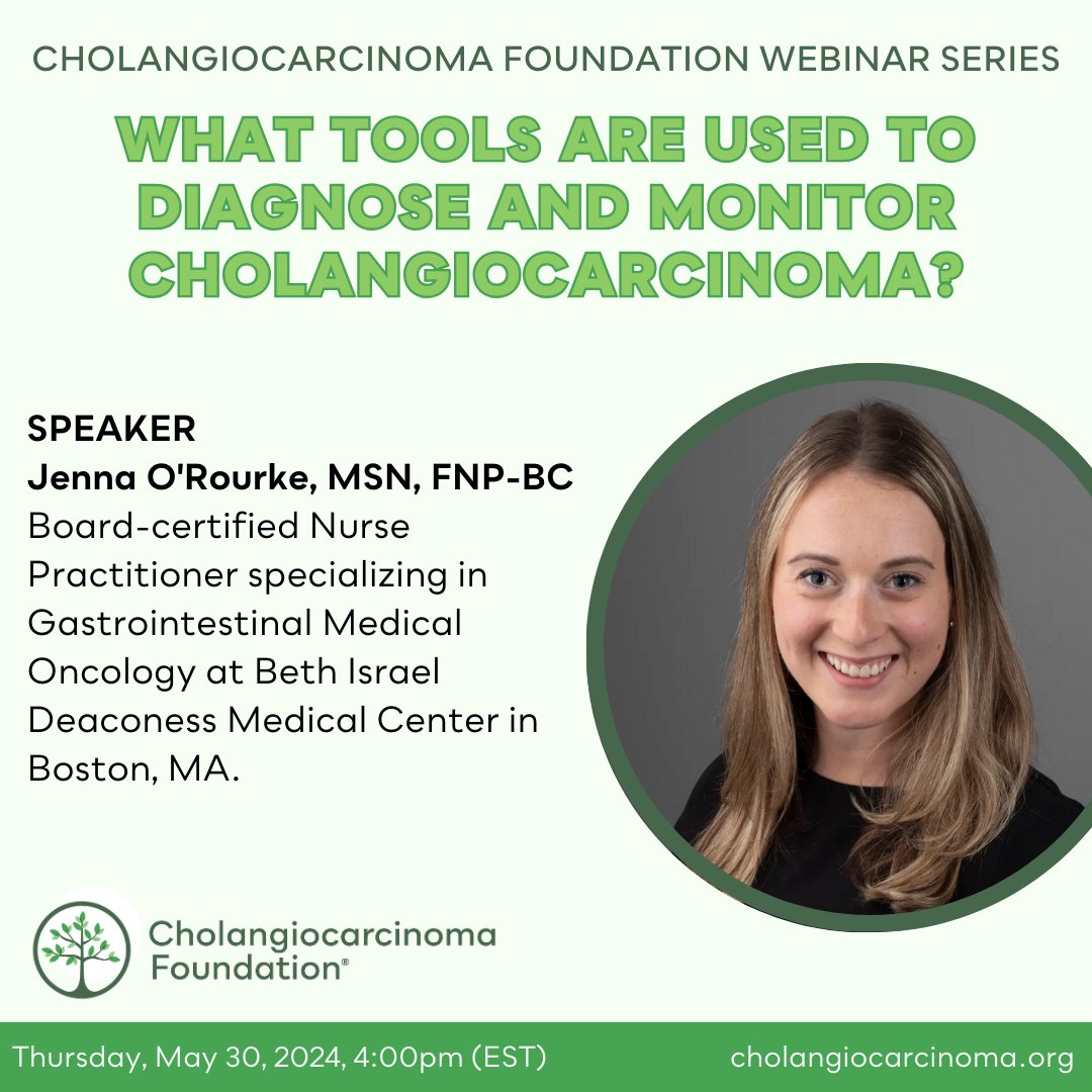 Join us for this week's webinar: 'What tools are used to diagnose and monitor cholangiocarcinoma?' 

May 30th at 4pm ET with Jenna O'Rourke, MSN, FNP-BC from @BIDMChealth.  Learn about what tools healthcare providers use to diagnose #CCA. Register at curecca.link/may30.