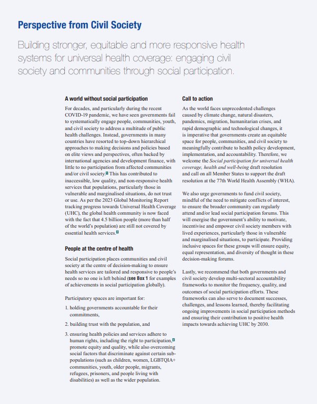 The #WHA77 votes on the resolution on social participation today!

On this important day, thrilled to share 2 of our publications in the special issue of #EuroHealth on #socialparticipation.

We share successful examples &amp; our reflections on them. 

📰 eurohealthobservatory.who.int/publications/e…