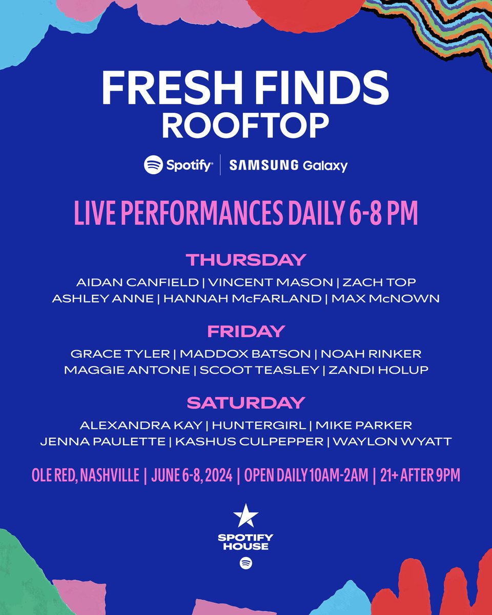 So looking forward to playing on the #FreshFinds rooftop at #SpotifyHouse this year during CMA Fest!! I’ll be performing on Friday, June 7th. See ya there! 🏠