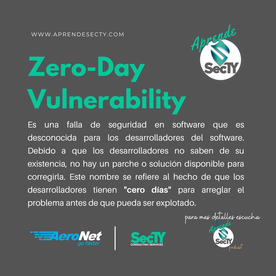 👌🏻Zero-Day #Vulnerability - Es una falla de seguridad en software que es desconocida para los desarrolladores del software. Los desarrolladores tienen 'cero días' para arreglar el problema antes de que pueda ser explotado. 

aprendesecty.libsyn.com/ep421-zero-day…

X: @AeroNetPR 

#sectycs