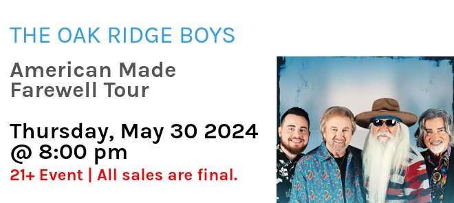 Country Music on the Road: 🗓️ When - Thursday May 30, 2024 🎶 Who - @oakridgeboys 🚌 Tour - 'American Made Farewell Tour' 🏦 Venue - @TulsasCasino 📍 Where - Tulsa, OK