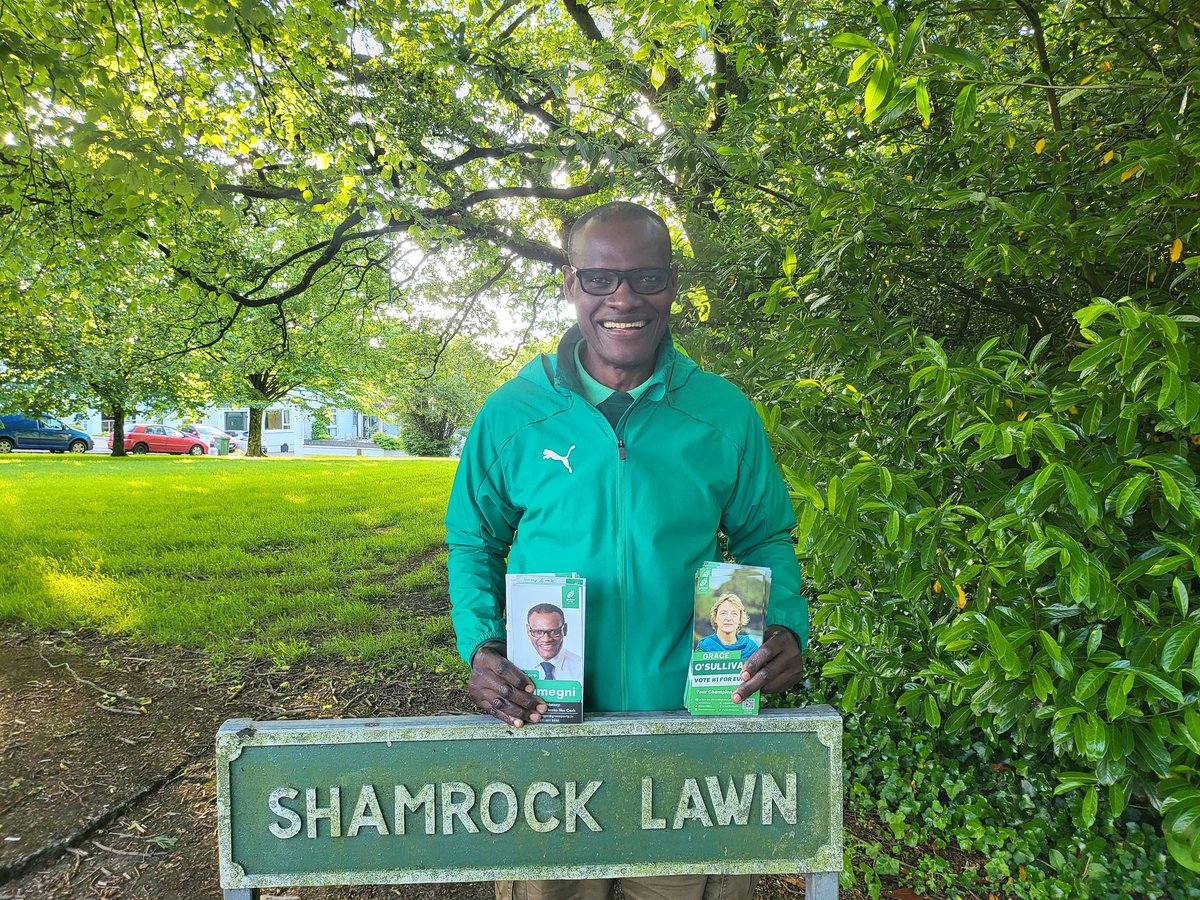 I was out today canvassing. Douglas continues. Positive discussions about dereliction, high cost of living took place with the beautiful residents in Shamrock Lawn. Vote GREEN on June 7th, give me and Grace O'Sullivan your no.1. Thank you all. #KeepGoingGreen 
Up the GREEN PARTY!