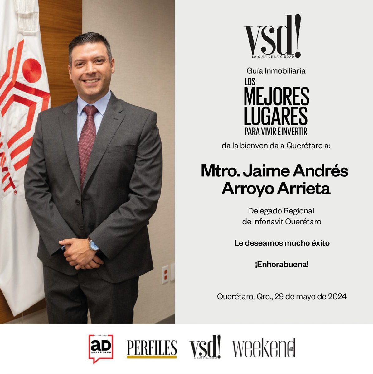 vsdmx's tweet photo. Damos la bienvenida  a  Jaime Andrés Arroyo Arrieta por su nombramiento como nuevo delegado regional del Instituto del Fondo Nacional de la Vivienda para los Trabajadores (Infonavit) en Querétaro. Infonavit  
¡Bienvenido a Querétaro!

@Infonavit https://t.co/tXeS1oMSYC