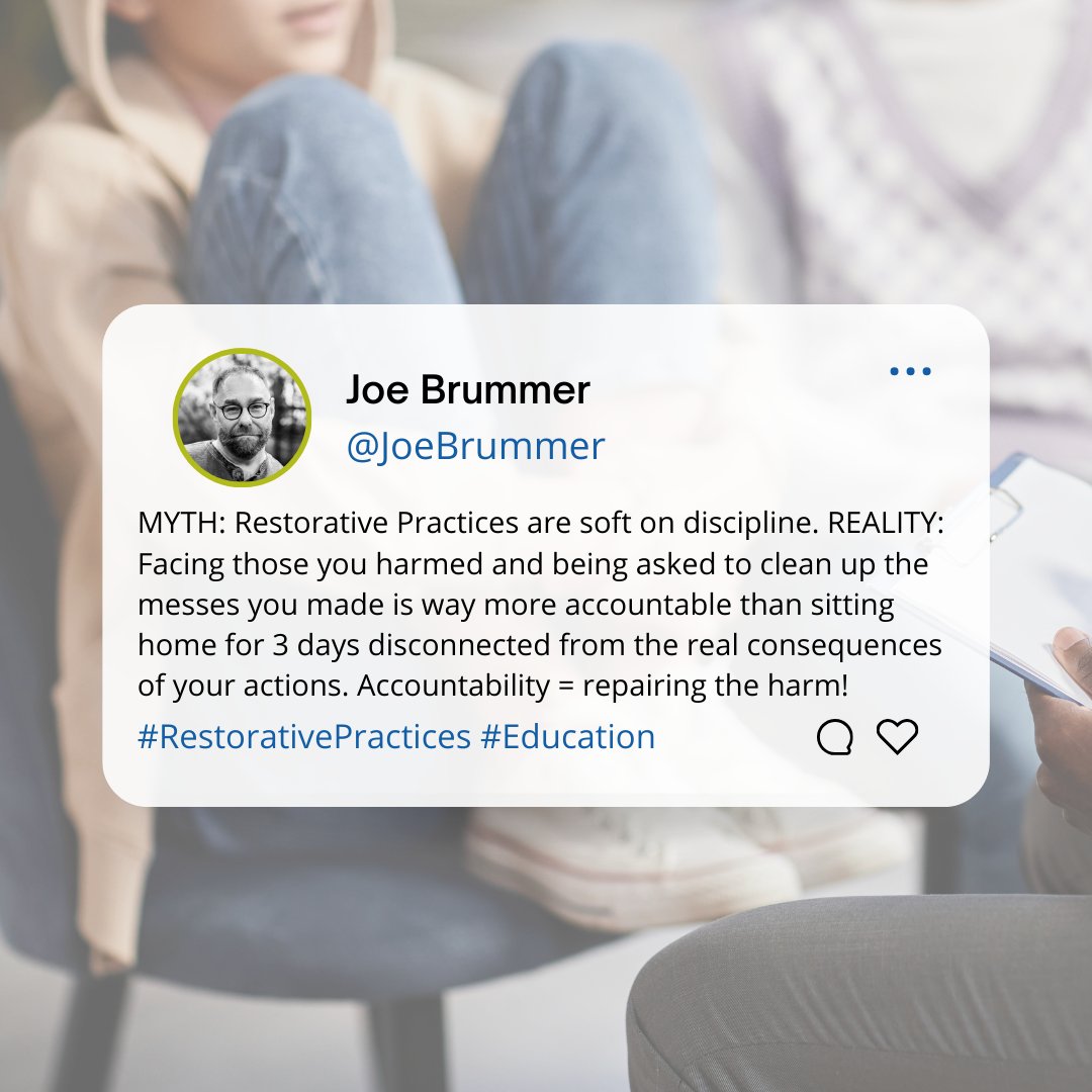 From @JoeBrummer 'Accountability = repairing the harm.' We love this! What do you think? Check out how others are repairing harm at our website! 👉 iirp.edu/school-resourc… #IIRP #RestorativePractices #Research #RestorativeJustice #Education #Educators