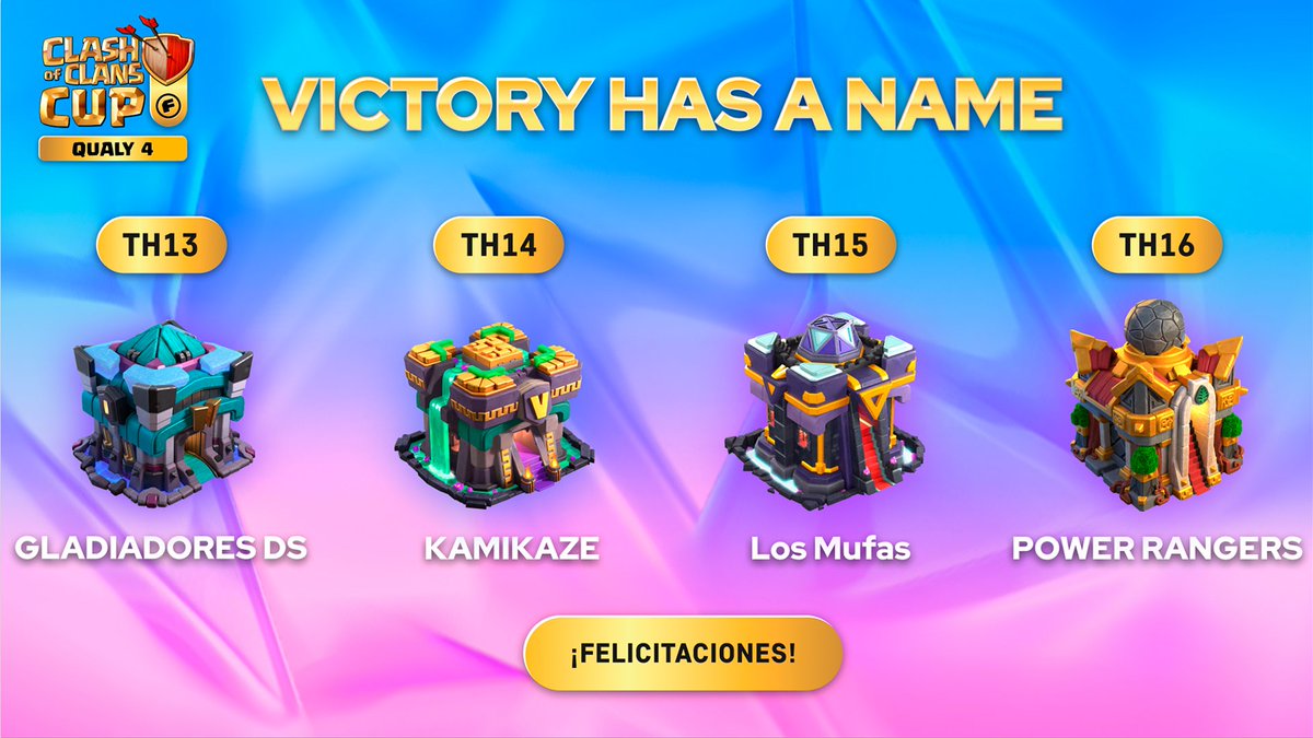 🏆 CAMPEONES DE LA CUARTA QUALY DE CLASH OF CLANS 🏆 Felicitamos a los siguientes equipos por clasificar a la gran final: 🔹 #GladiadoresDS 🔹 #Kamikaze 🔹 #LosMufas 🔹 #PowerRangers Nos vemos el 31 de Mayo para vivir la gran final con todos ustedes 😉