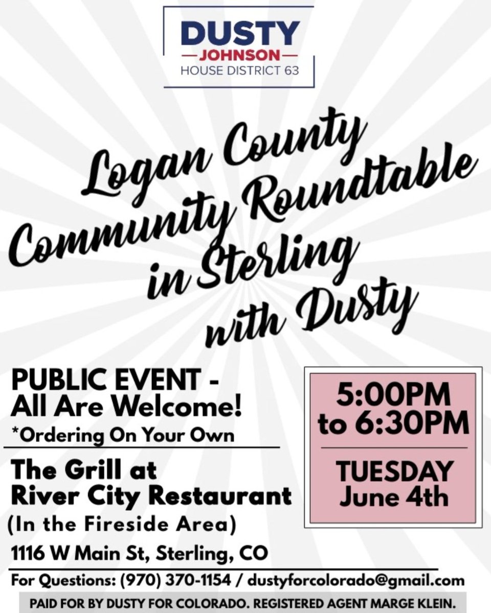 dusty4colorado's tweet image. Mark your calendar for this next Tuesday, June 4th for a Logan County #CommunityRoundtable in Sterling! This event will be at The Grill at River City Restaurant from 5PM to 6:30PM, come when you can &amp;amp; leave when you need.
#DustyForColorado #IWantToHearFromYou 
#ComeToTheTable