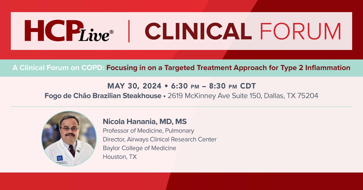 Dr. Nicola Hanania invites you to a COPD roundtable discussion. Join us on May 30 at 6:30 PM in Dallas, TX. Register Now: bit.ly/3xYtXKt