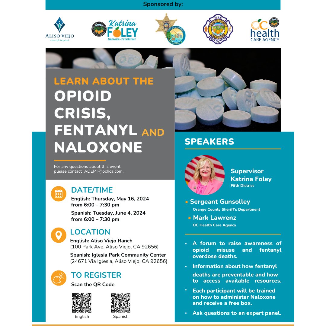Continuing our fight against #fentanyl in #OC. Join us for a town hall to learn the facts and get preventative tips and resources from the experts. Free #naloxone will be available.
🗓️ June 4 at 6:30 pm
📍Iglesia Park Community Center 24671 Via Iglesia, Aliso Viejo, CA 92656