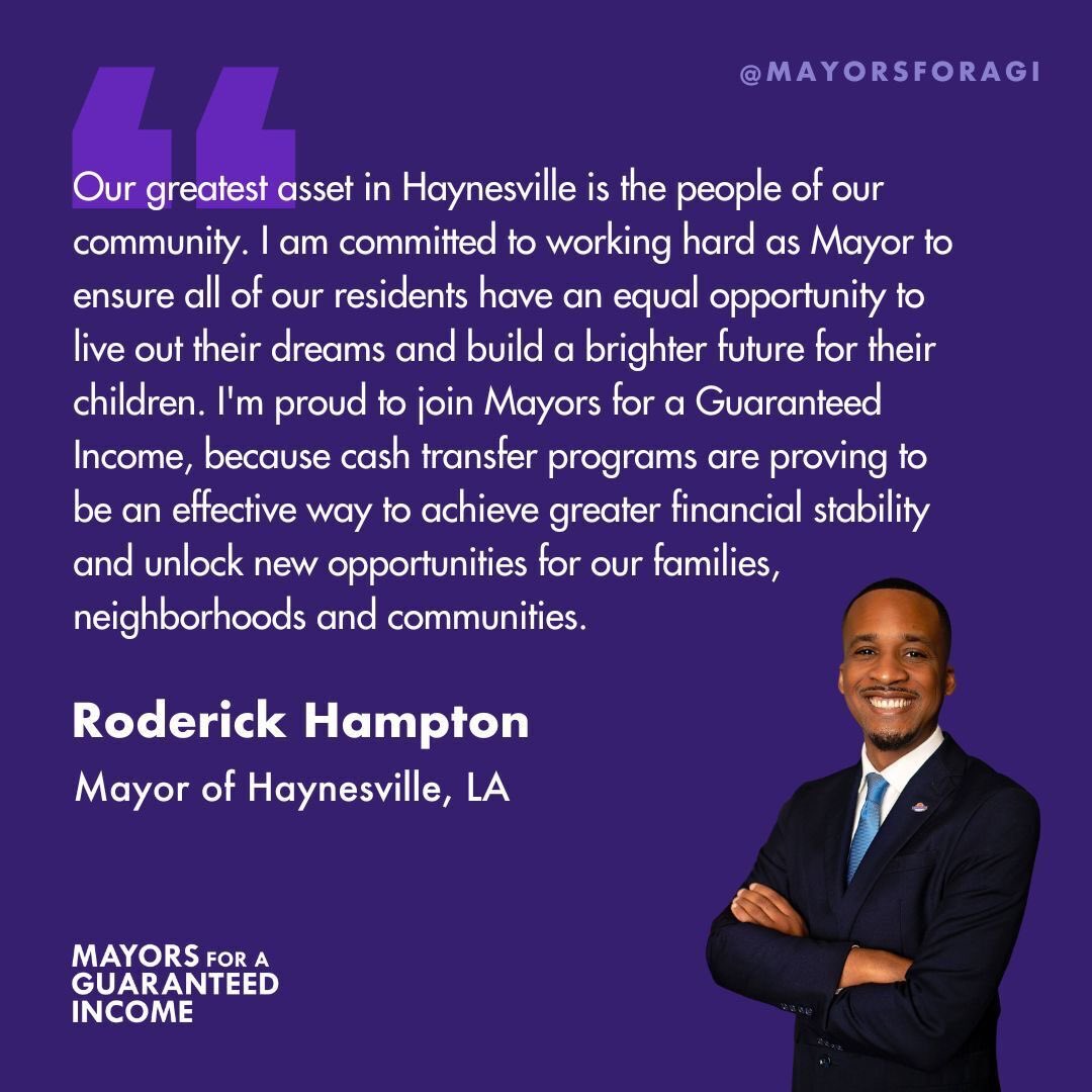 mayorsforagi's tweet image. Louisiana is already home to several #GuaranteedIncome pilot programs, including in New Orleans and Shreveport. This week, we’re keeping the Gulf South momentum going by welcoming the Mayor of Haynesville, Roderick Hampton, to our coalition of Mayors for a Guaranteed Income 👏