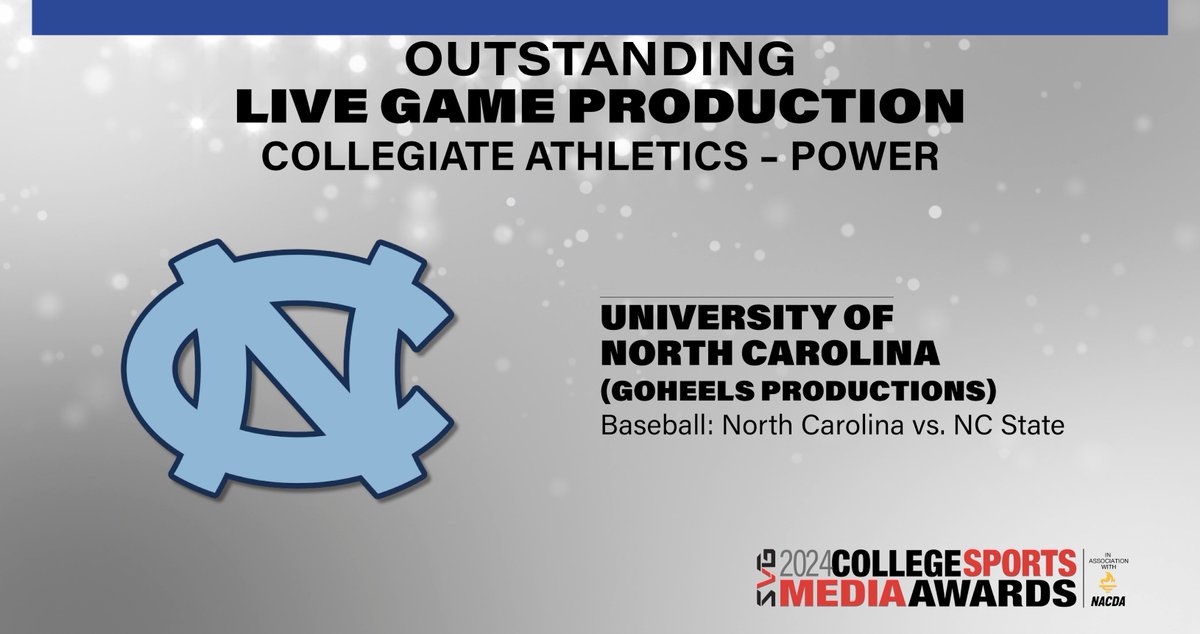 SVGCollege's tweet image. The winner of the SVG College Sports Media Award for Outstanding Live Game Production in the Collegiate Athletics - Power division
University of North Carolina (GoHeels Productions) | Baseball: North Carolina vs. NC State
@GoHeelsVideo | @DiamondHeels