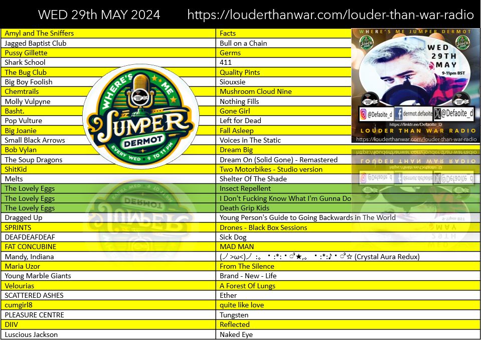 Playlist for tonight’s show on @louderthanwar Radio    of #wheresmejumperdermot– @mixcloud link to follow presently – back for more on Wed 5th June – so #setyourselfaremindertotunein for 2 more hours of great music– Spread The Word linktr.ee/Defaoite_D