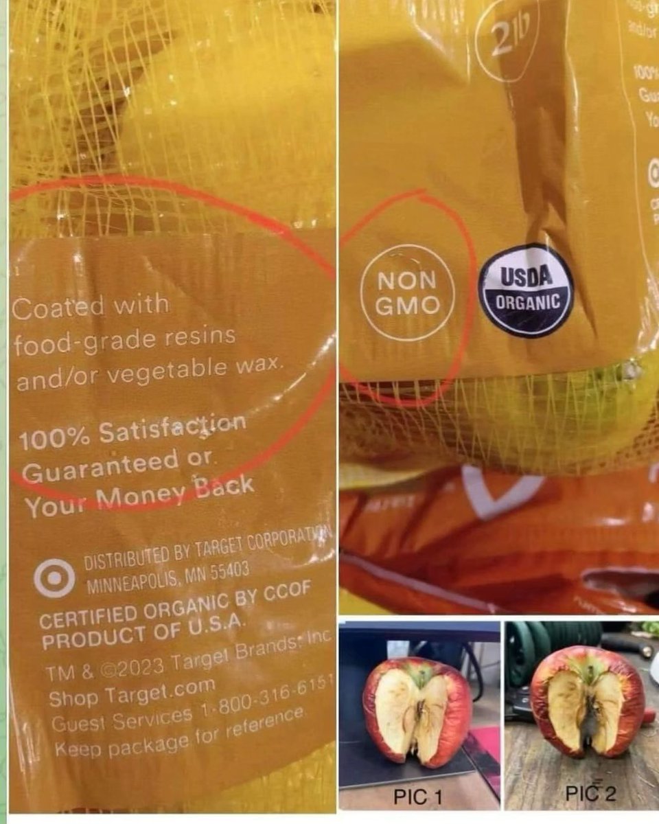 Code for #Apeel, even on organic produce... 'Coated w food-grade resins and/or vegetable wax.' Produce is NOT required to have the Apeel label so learn to look for allusive phrases like this. Apple coated with appeal PIC 1: 8 hrs after cutting PIC 2: Same apple TEN DAYS LATER