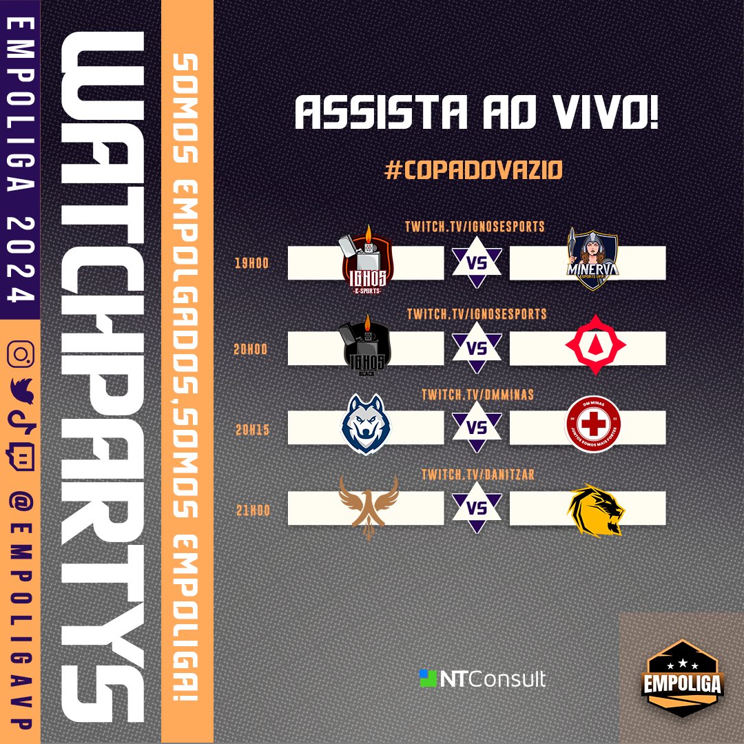 WATCHPARTYS DA EMPOLIGA!

A #CopadoVazio está entrando na sua segunda rodada e alguns streamers vão transmitir algumas partidas!

Se liga na agenda!

19h - twitch.tv/ignosesports
@ignosesports x <a href="/minervaesports/">Minerva Esports UFRJ</a> 
-
20h - twitch.tv/ignosesports
@ignosesports B. x <a href="/NWT_esports/">New Travelers</a> 
-