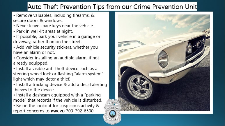 #AutoTheft Prevention Tips in the image from our #CrimePrevention Unit: For additional tips and information, visit: pwcva.gov/communitysafety #PWCPD