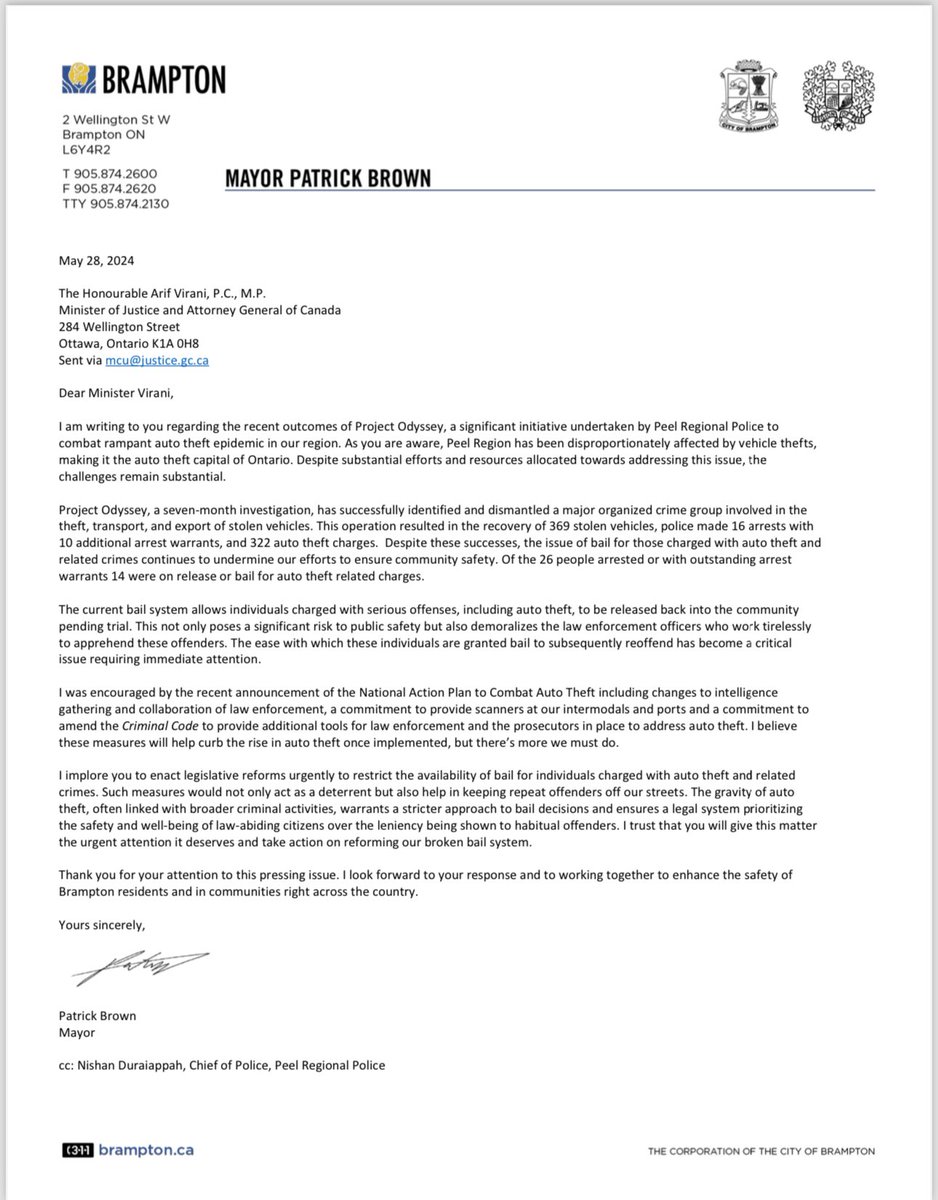 I have written Minister <a href="/viraniarif/">Arif Virani</a> in light of <a href="/PeelPolice/">Peel Regional Police</a>’s Project Odyssey. This seven month successful operation resulted in the recovery of 369 stolen vehicles, police made 16 arrests with 10 additional arrest warrants being issued, and 322 auto theft charges. Despite these