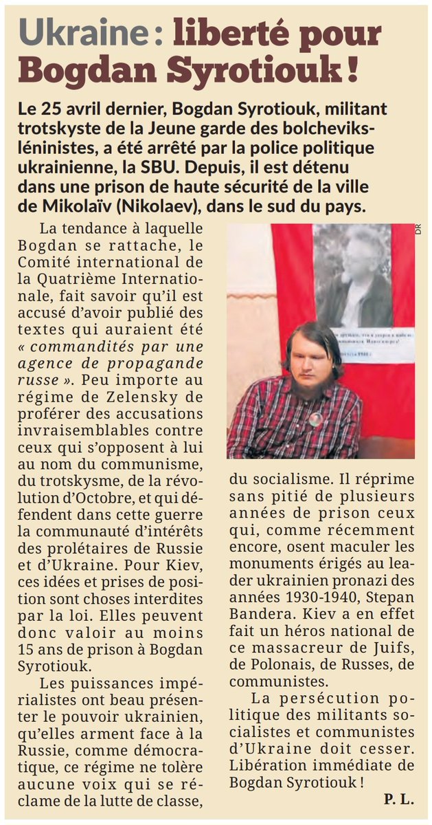 Liberté pour Bogdan #Syrotiouk !
A bas la répression contre les militants ouvriers communistes et trotskystes qui contre la guerre défendent la communauté d’intérêts des prolétaires de #Russie & #Ukraine
Ils sont la fierté du mouvement ouvrier 🚩#LesNôtres
Article @LutteOuvriere