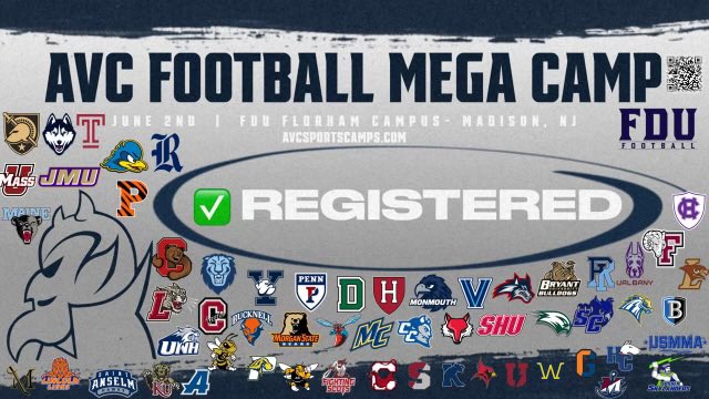 I will be at the AVC Mega Camp at Fairleigh Dickinson University this Sunday! Excited to compete!
@CoachRichHansen 
@CoachBearfield 
@SeanBarowski_ 
@CoachOFlaherty 
@FDUFootball 
@CoachAVC_FDU