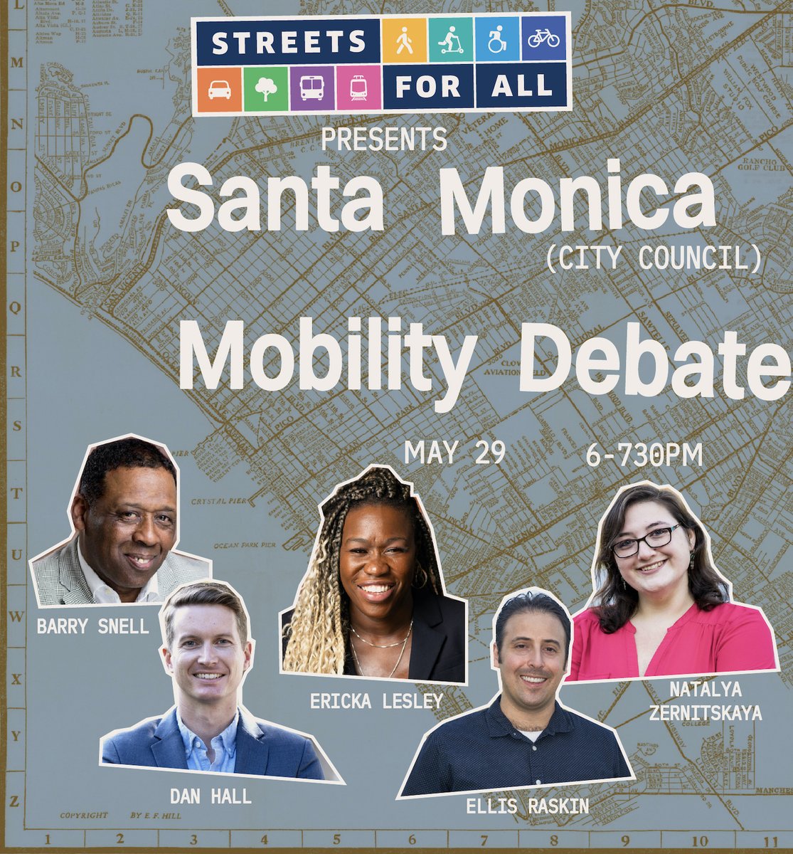 Join us TONIGHT (Wednesday, May 29) at 6pm for a Mobility Debate with candidates running for Santa Monica City Council! Bring your transportation questions and join us via zoom: streetsforall.org/events/santamo…