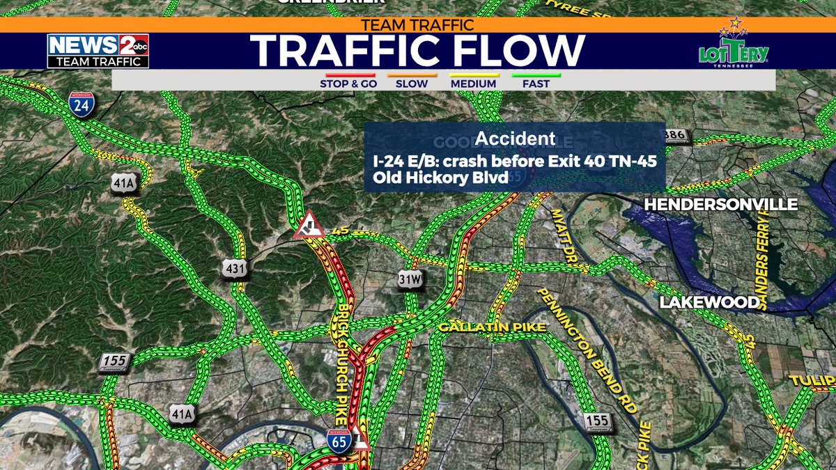 Lane blocked due to crash on I-24 Eastbound before Exit 40 TN-45 Old Hickory Blvd.