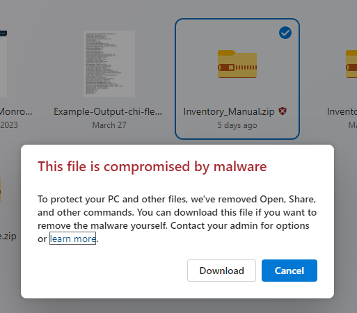 FrankLesniak's tweet photo. I have a file in OneDrive that is getting blocked as containing malware (known false positive). There is nothing in the user's (i.e., my) #Defender files quarantine, and a GA account also does not see anything in the Defender files quarantine. How the heck do I unblock this? https://t.co/us62dHagU2