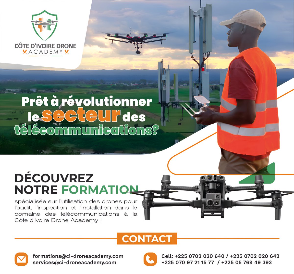 Télécommunications: '📡 Découvrez notre formation spécialisée sur l'utilisation des drones pour l'audit, l'inspection et l'installation dans le domaine des télécommunications à la Côte d'Ivoire Drone Academy! #CIV225 #DroneAcademy #Télécommunications @CI_Orange @MTNCotedIvoire