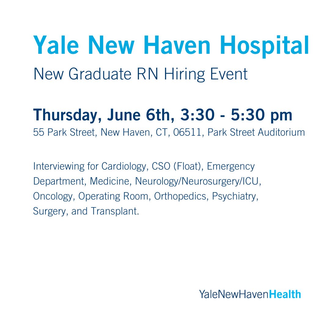 Join us for an new grad on-site hiring event Thursday, June 6, 3:30 pm - 5:30 pm. To learn more and to schedule an interview slot, please visit ynh.care/2Y.