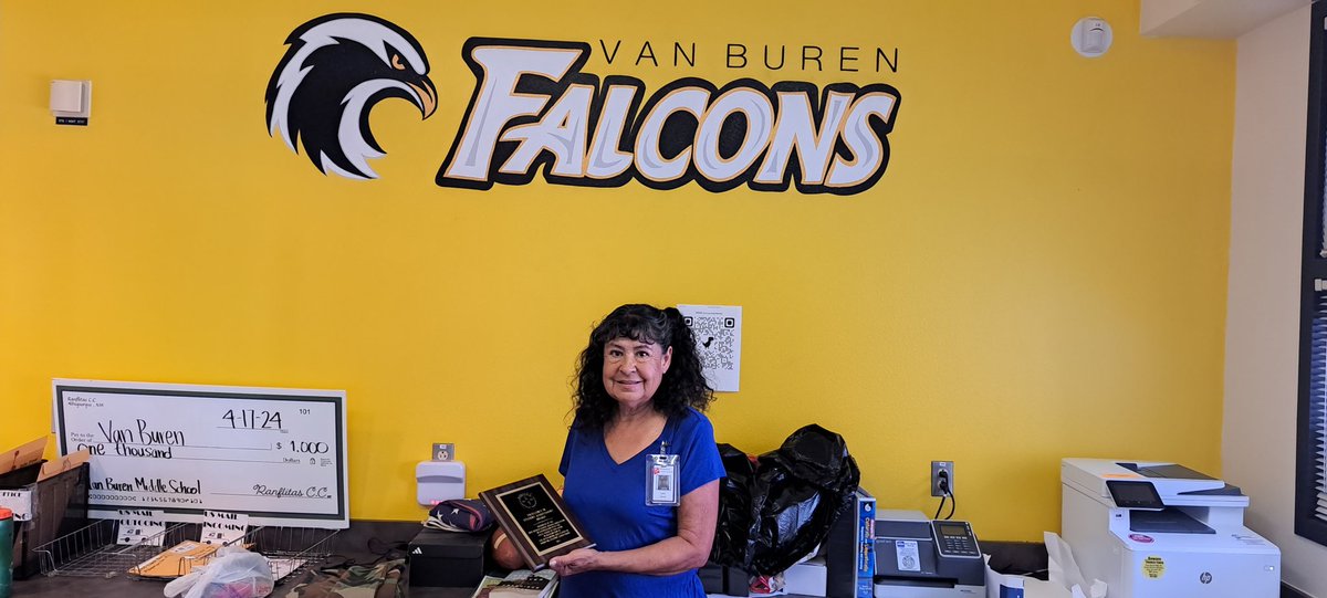 Congratulations to Janet Garcia for being recognized for performing the Heimlich maneuver to save a life of a student last year. Thank you! Go Falcons!