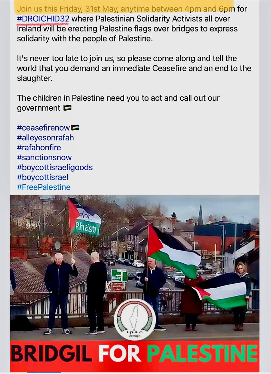 This Friday @ Ringroad Flyover, Armagh, anytime between 4pm - 6pm. National Vigil.
Please share 🇵🇸