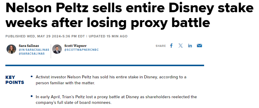 Walt Disney Insider Trading Alert 🚨

Activist Investor Nelson Peltz dumped his entire position in $DIS at roughly $120/share after losing proxy battle.  He generated a profit of approximately $1 billion!
