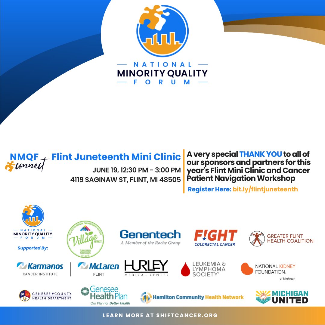 Mark your calendars and join us on June 19th! Through NMQF’s CSSI initiative and NMQF Connect program, we will be hosting a free Juneteenth Mini Clinic in Flint, Michigan with local health institutions and community leaders.